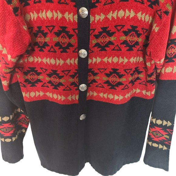 Nomadic Traders Womens L Red Black Southwestern Button Front Cardigan Sweater - Picture 3 of 7